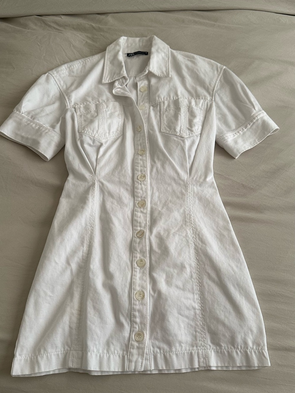 Zara White Short-Sleeve Button Front Mini Dress